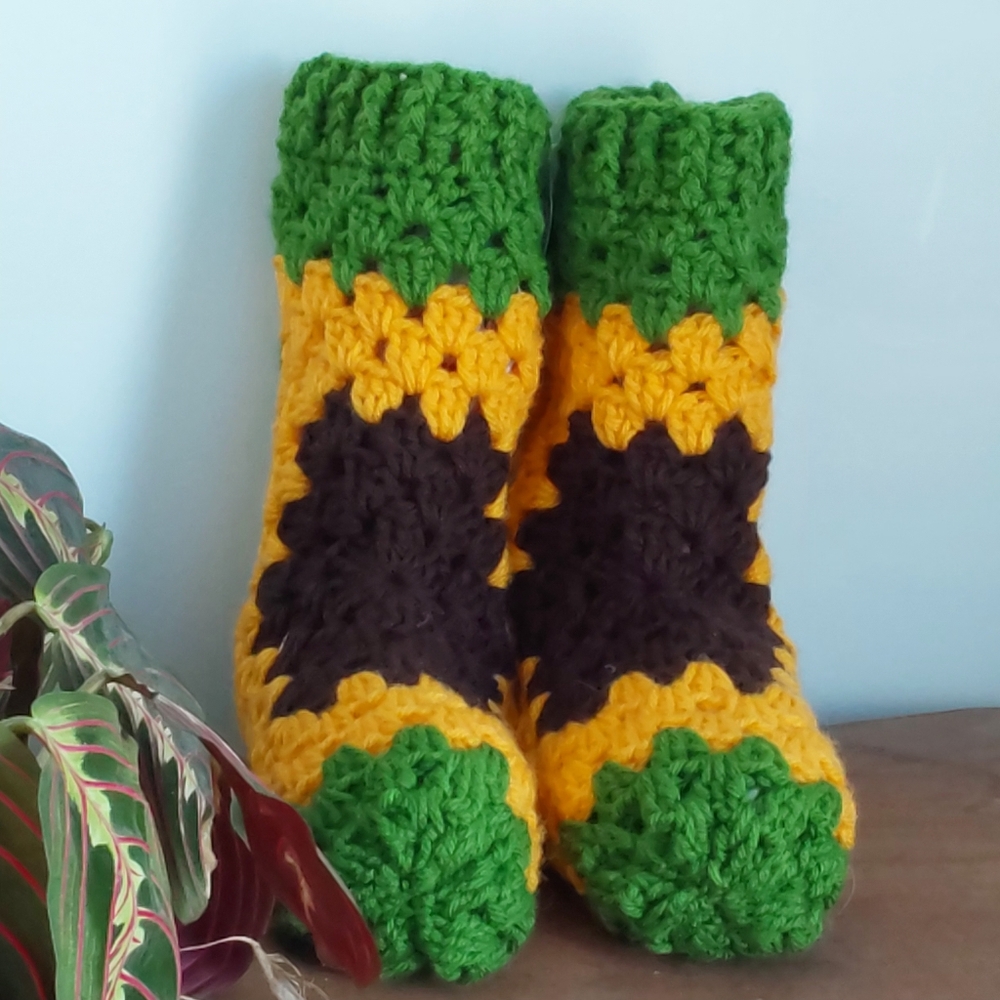 Handmade Crochet Sunflower Slippers, Granny Squares, Cozy Cottagecore Style